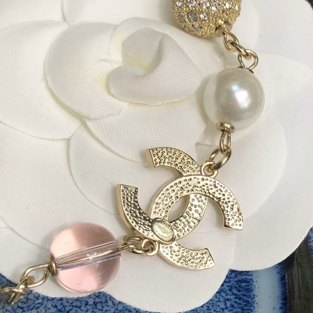 CHANE1 ピンクガラス フルダイヤモンド パールネックレス【 50％割引+送料無料】