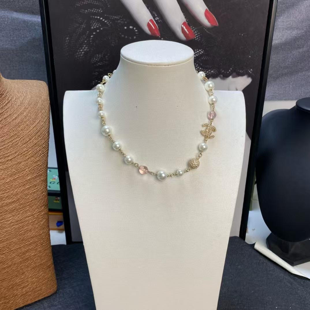 CHANE1 ピンクガラス フルダイヤモンド パールネックレス【 50％割引+送料無料】