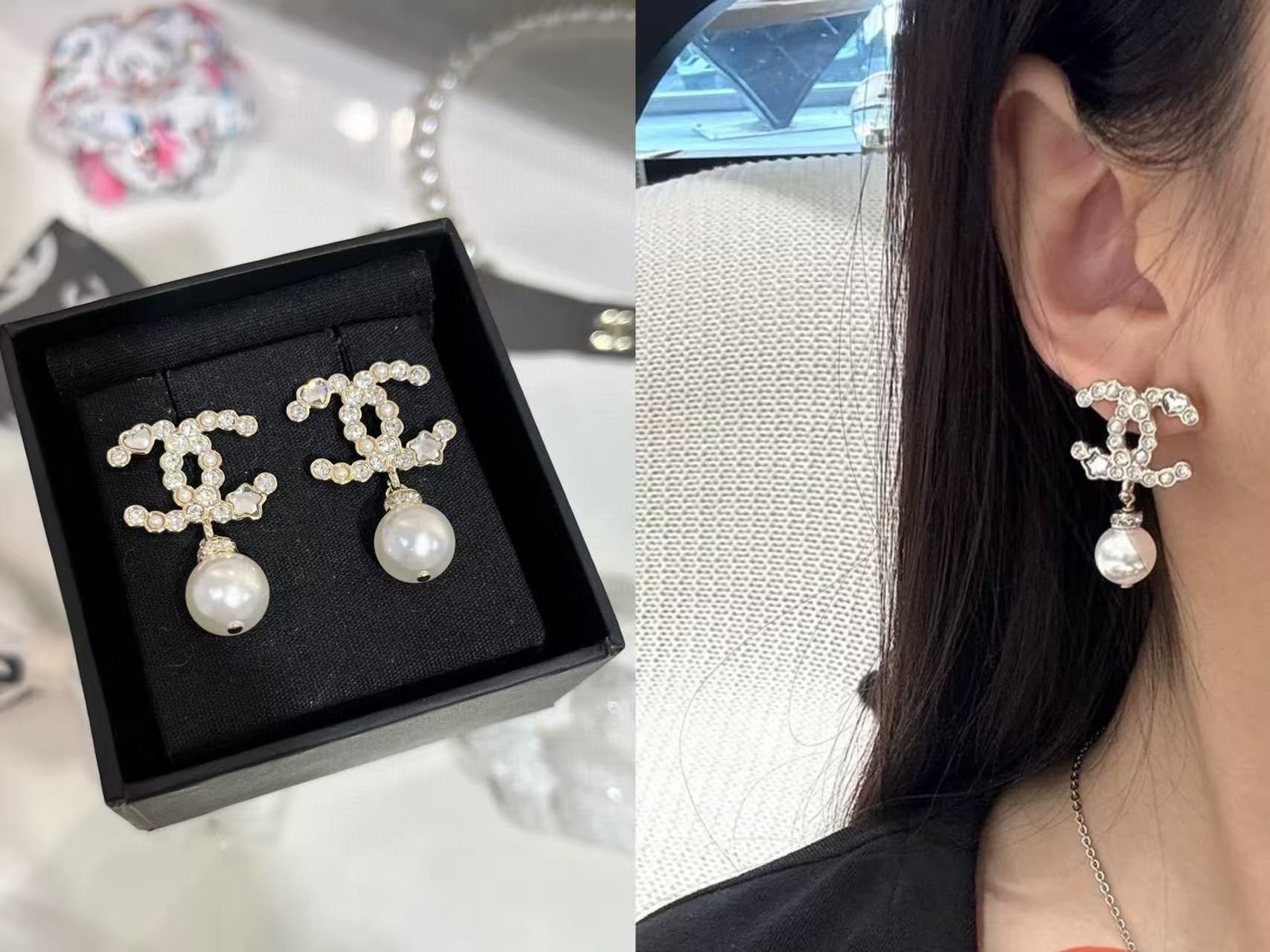 CHANE1 ダブル C パール スタッド ピアス【 50％割引+送料無料】