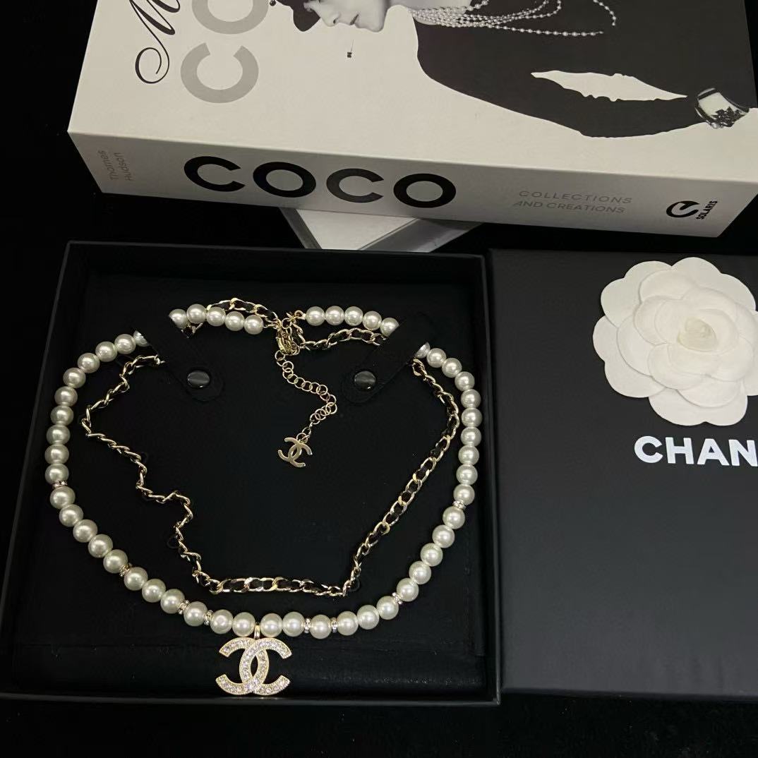 CHANE1 ダブルC 2層レザーパールネックレス【 50％割引+送料無料】