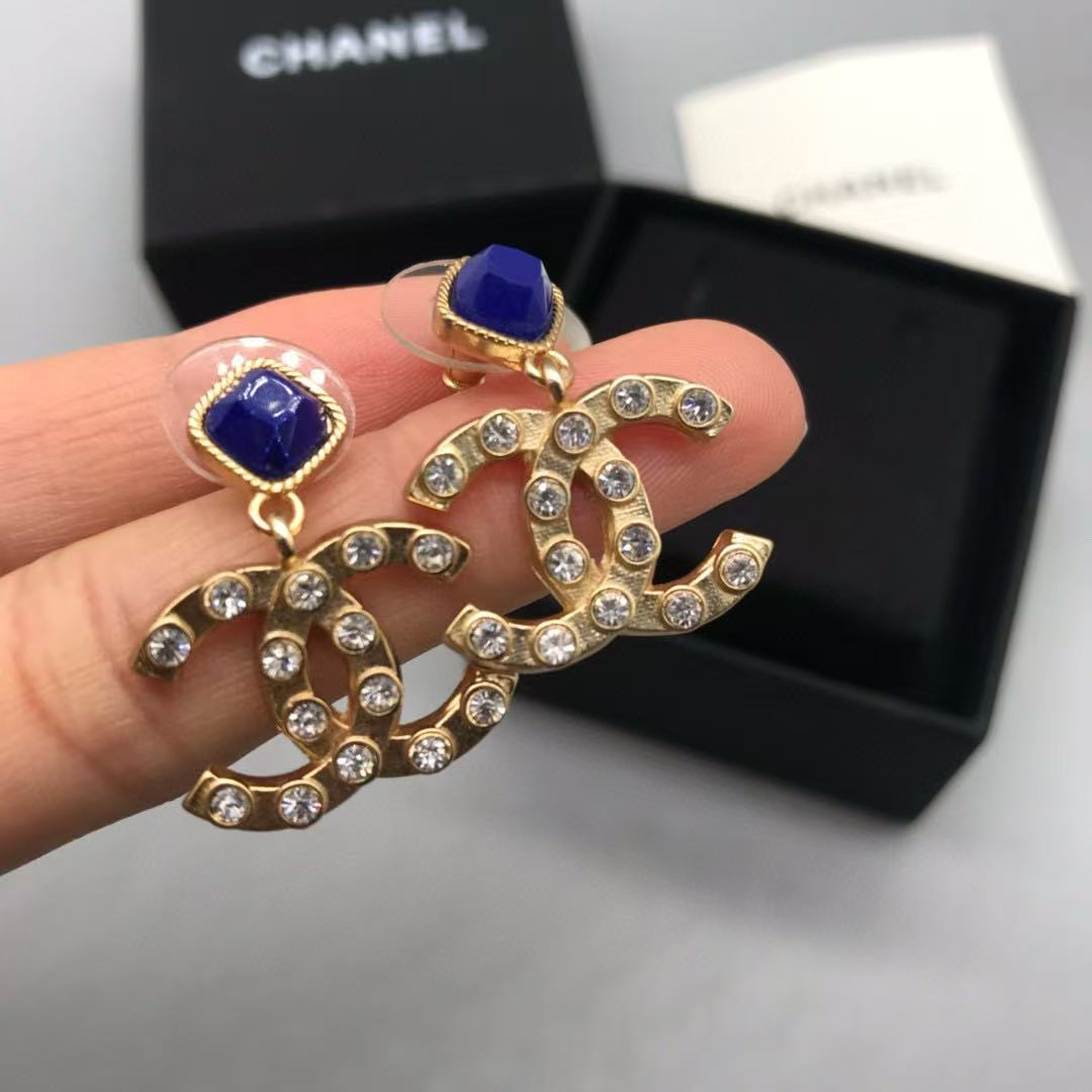 CHANE1 ブルー ジェムストーン ダブル C スタッド ピアス【 50％割引+送料無料】