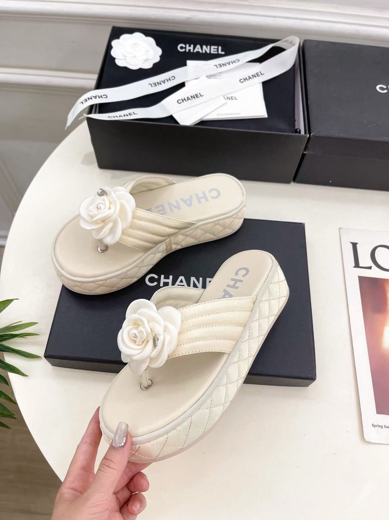 CHANE1 高品質カメリアプラットフォームスリッパ【50％割引+送料無料】