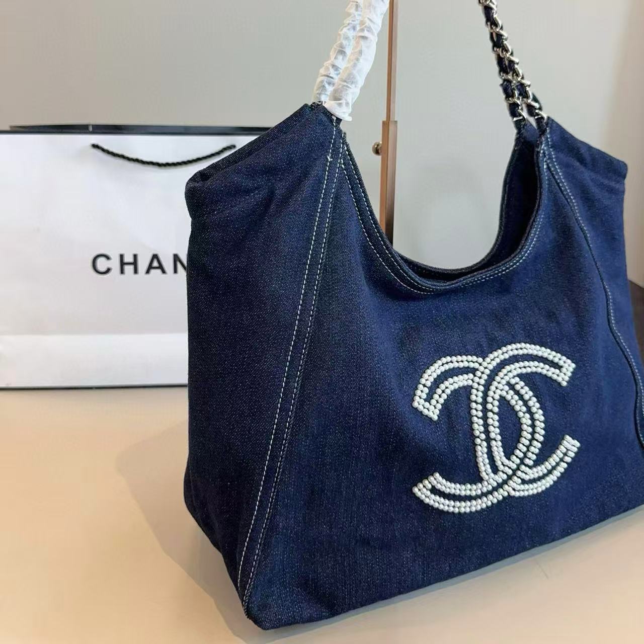 CHANE1 ダブルCパールデニムショッピングバッグ【 50％割引+送料無料】