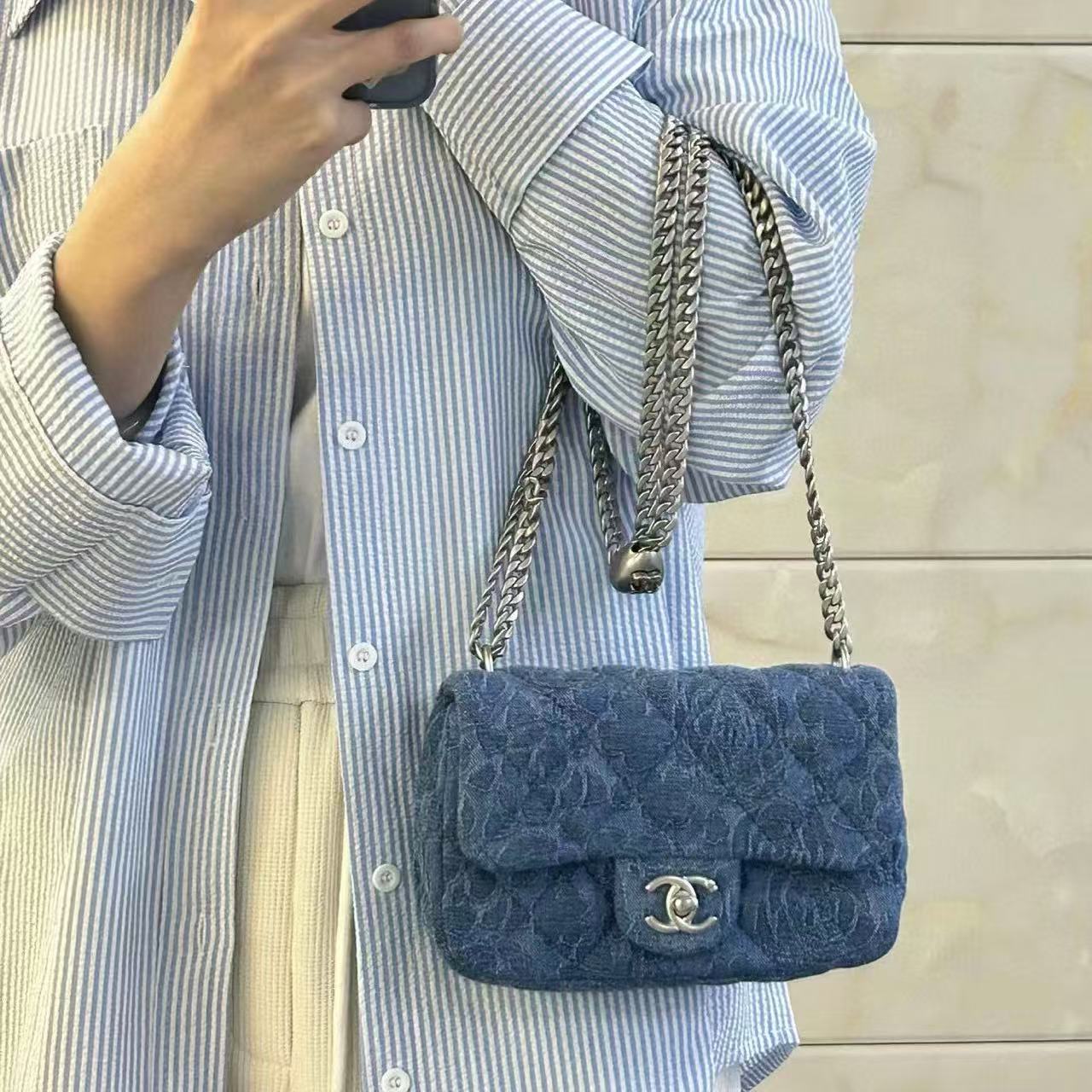 CHANE1 カメリアデニムチェーンバッグ【 50％割引+送料無料】