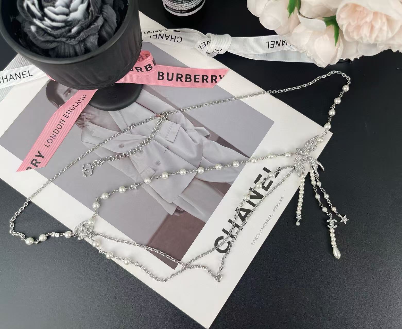 CHANE1 フルダイヤモンド バードパール タッセル ウエストネックレス【50％割引+送料無料】