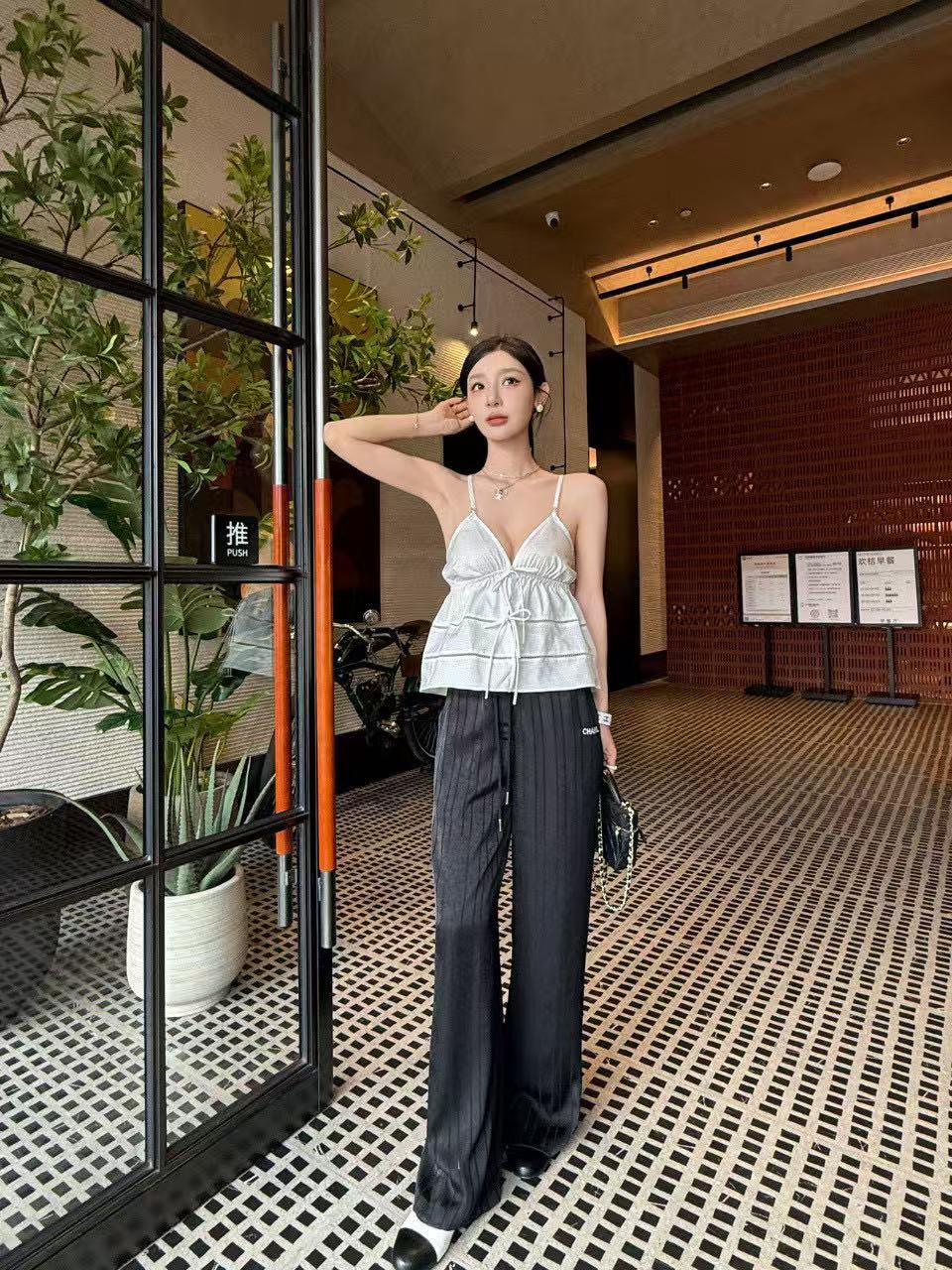 CHANE1 プリーツストライプドローストリングカジュアルパンツ【50％割引+送料無料】