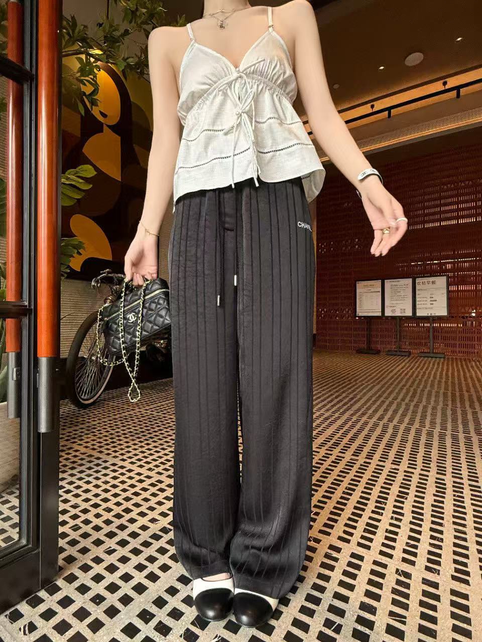 CHANE1 プリーツストライプドローストリングカジュアルパンツ【50％割引+送料無料】