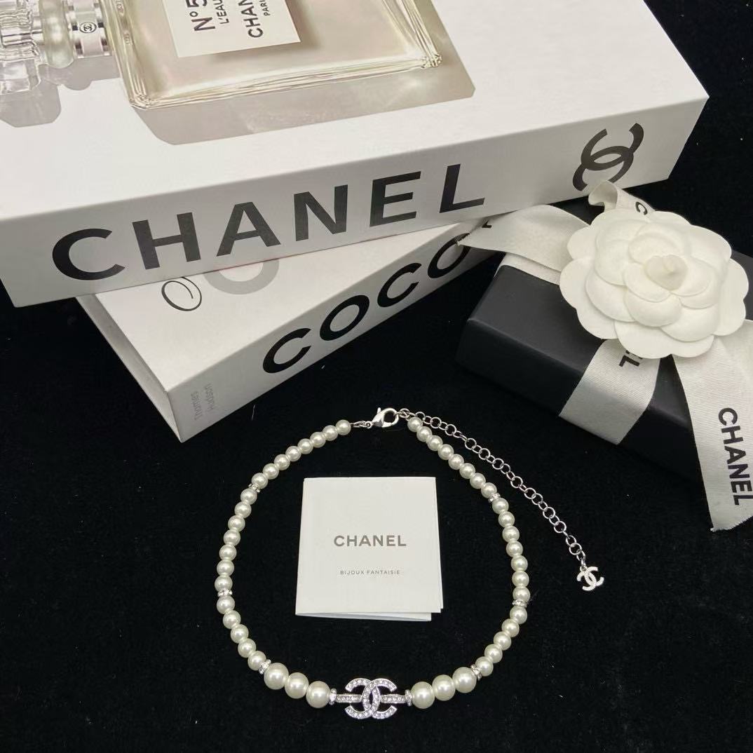 CHANE1 ダブルC フルダイヤモンドパールネックレス【 50％割引+送料無料】