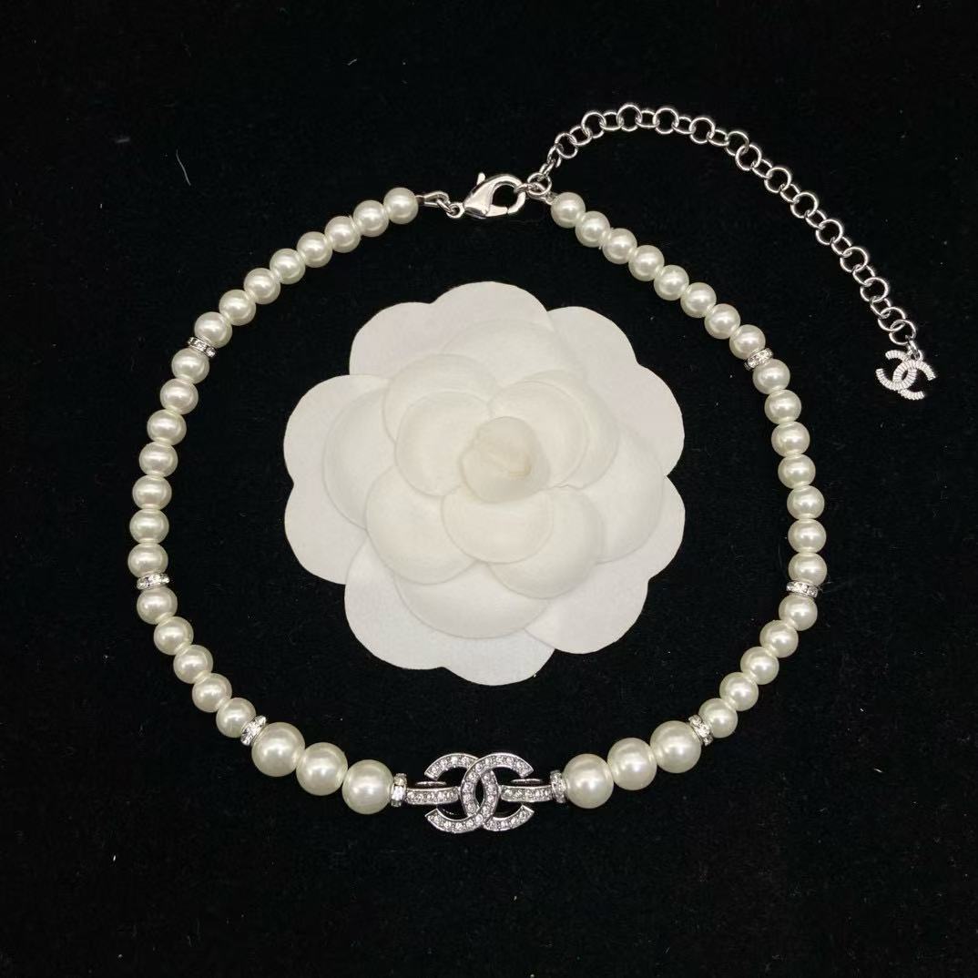 CHANE1 ダブルC フルダイヤモンドパールネックレス【 50％割引+送料無料】