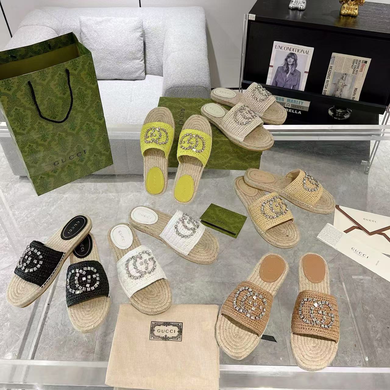 GUCC1 高品質ラインストーンダブルG織りスリッパ【50％割引+送料無料】