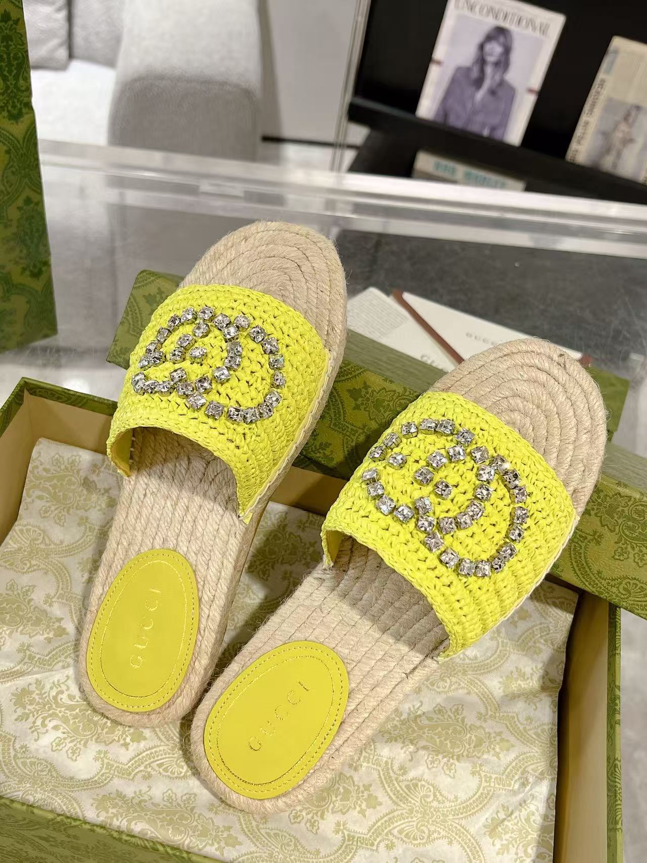 GUCC1 高品質ラインストーンダブルG織りスリッパ【50％割引+送料無料】