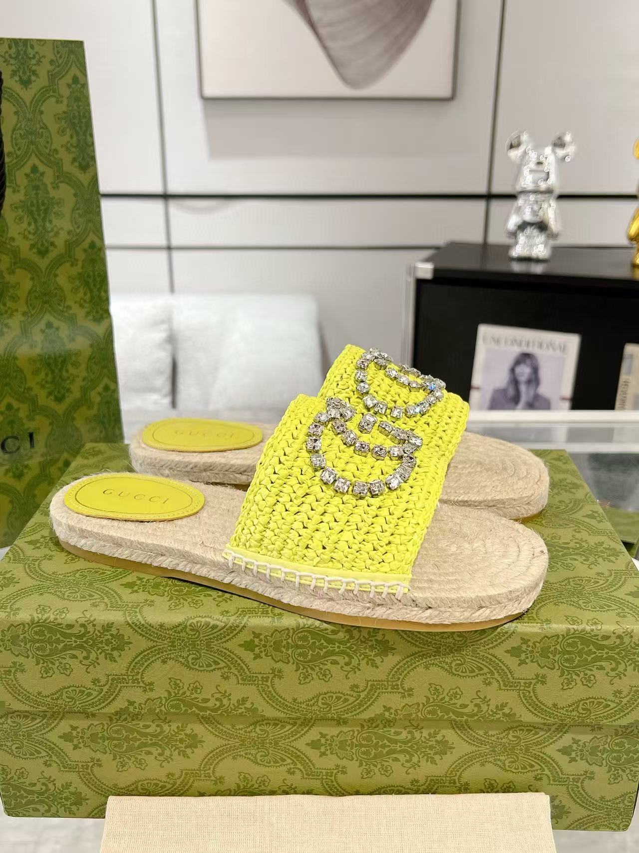 GUCC1 高品質ラインストーンダブルG織りスリッパ【50％割引+送料無料】