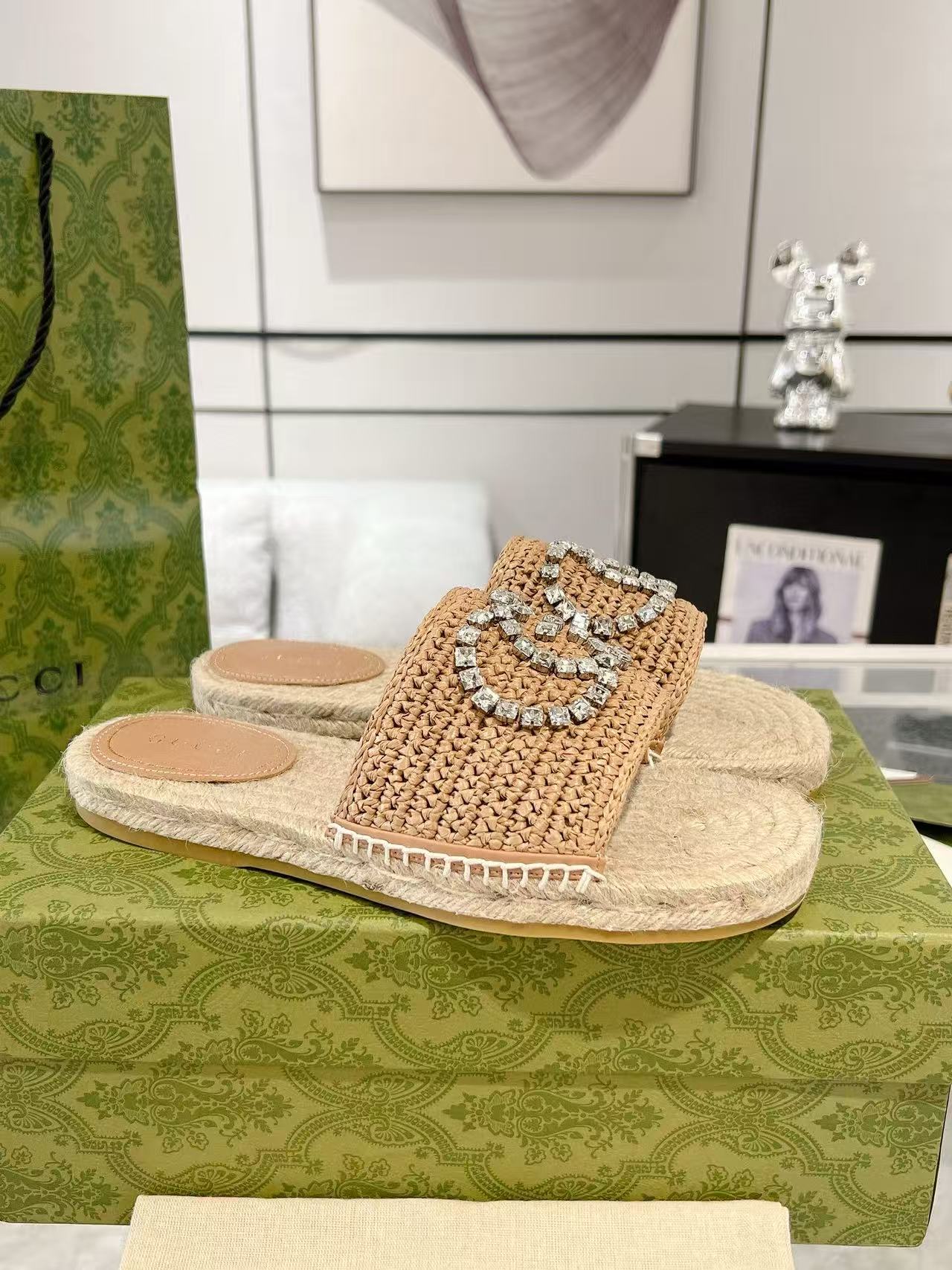 GUCC1 高品質ラインストーンダブルG織りスリッパ【50％割引+送料無料】