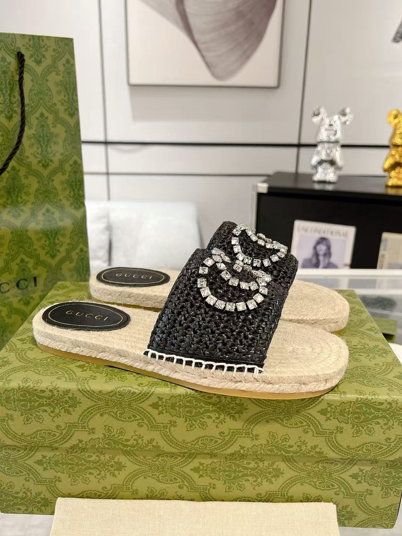 GUCC1 高品質ラインストーンダブルG織りスリッパ【50％割引+送料無料】