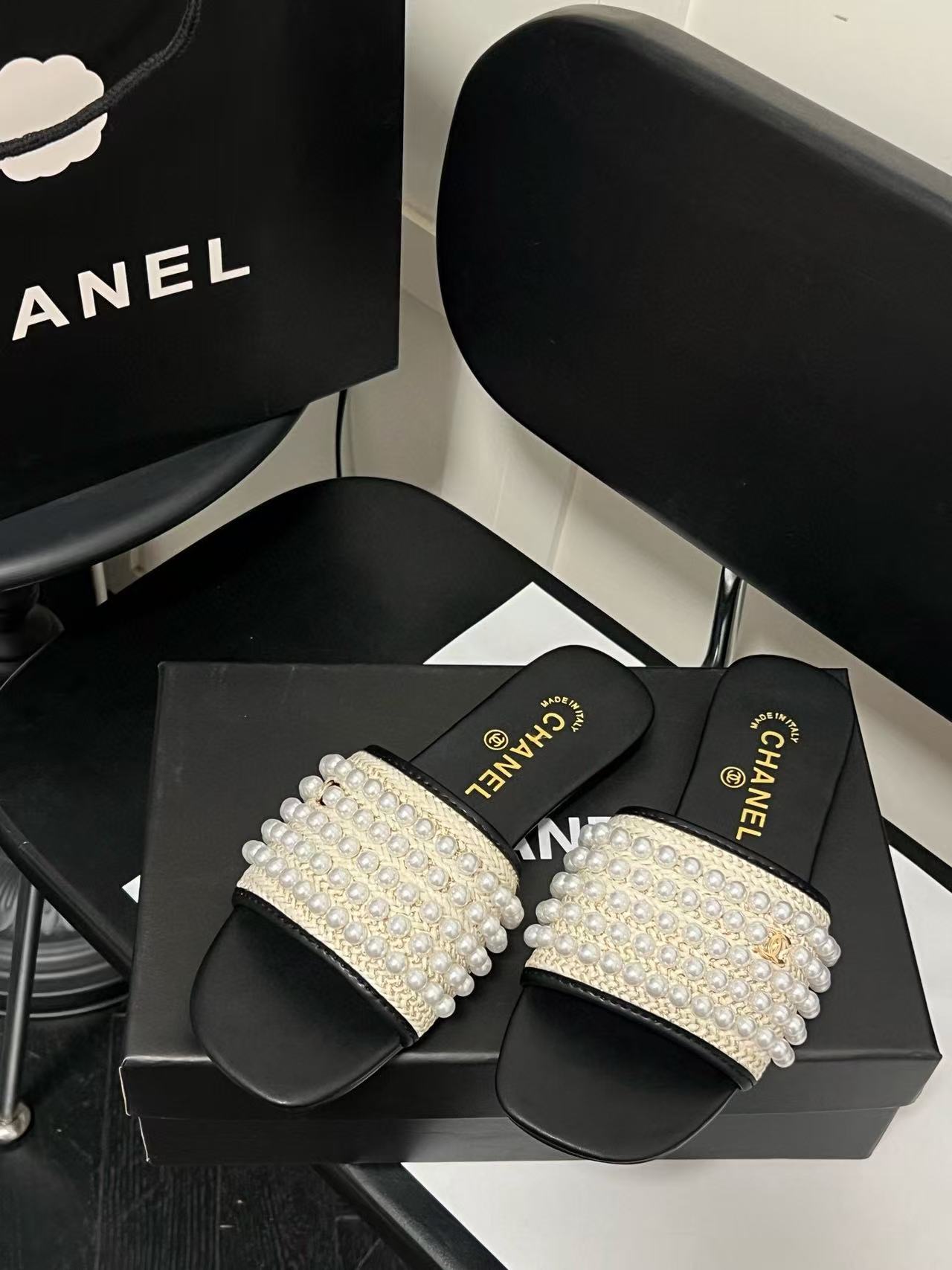 CHANE1 パール装飾スリッパ【50％割引+送料無料】