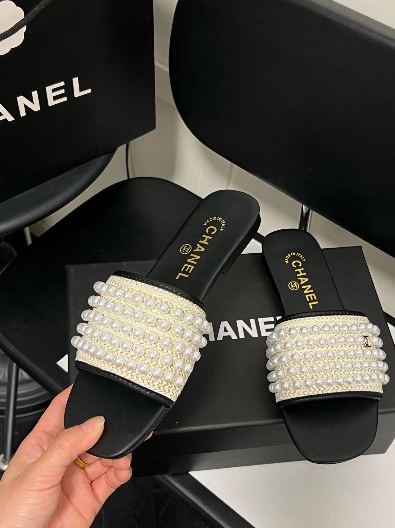 CHANE1 パール装飾スリッパ【50％割引+送料無料】