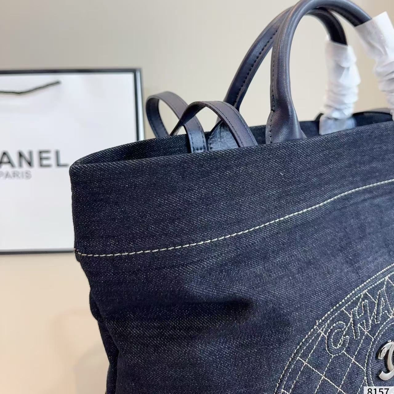 CHANE1 刺繍文字デニムショッピングバッグ【50％割引+送料無料】