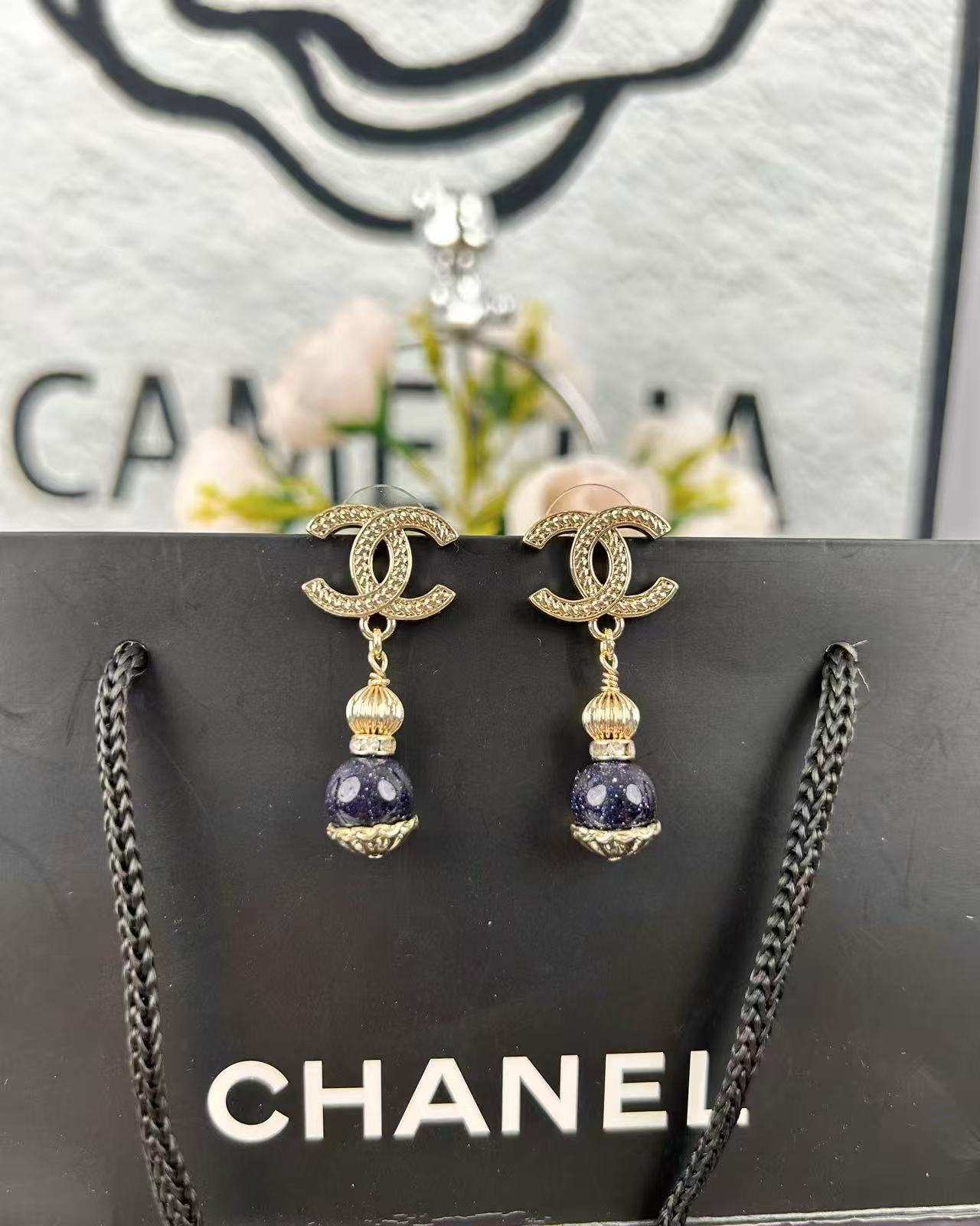 CHANE1 ダブルC ブラックパールイヤリング【50％割引+送料無料】