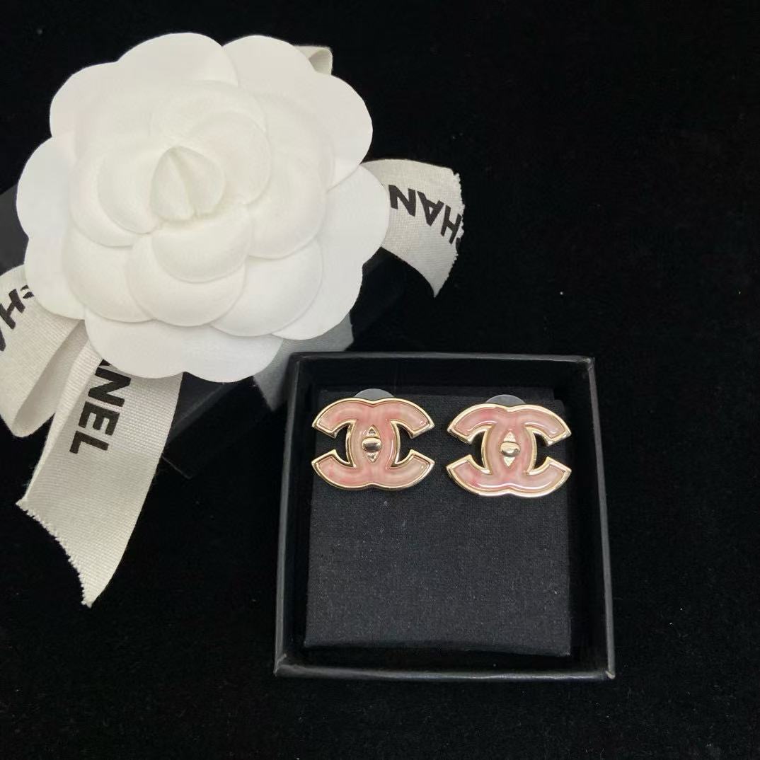 CHANE1 ピンク ダブルC イヤリング + ネックレス 2点セット【50％割引+送料無料】