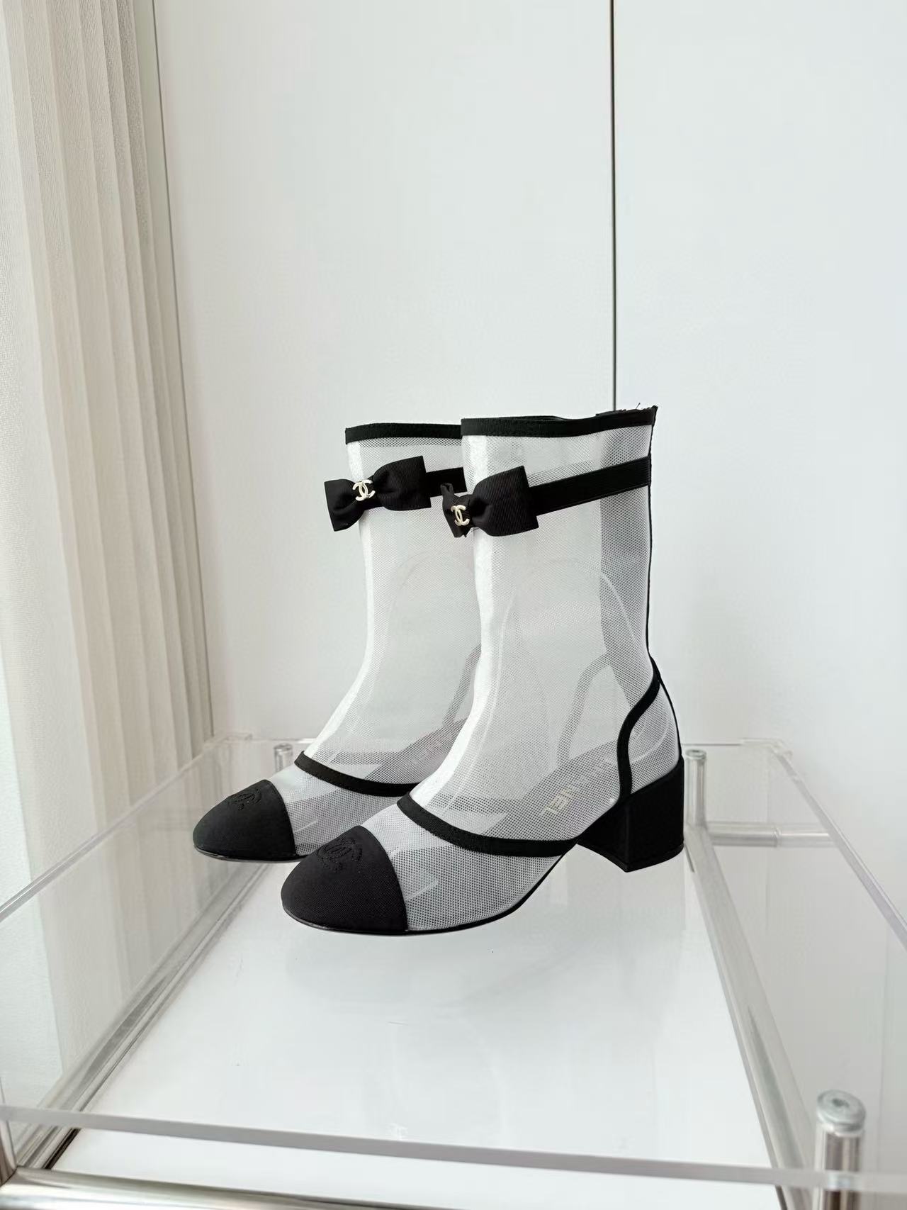 CHANE1 高品質メッシュボウローヒールブーツ【50％割引+送料無料】