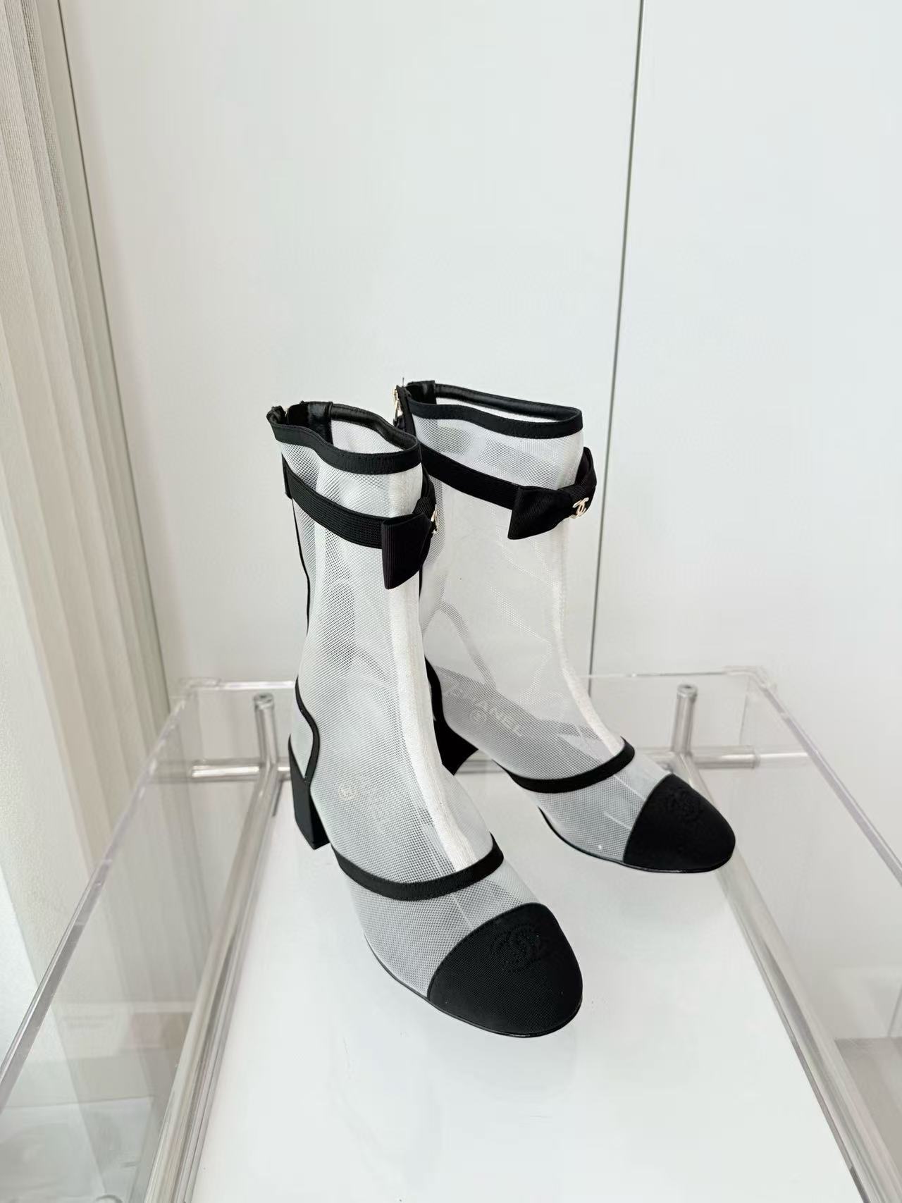 CHANE1 高品質メッシュボウローヒールブーツ【50％割引+送料無料】