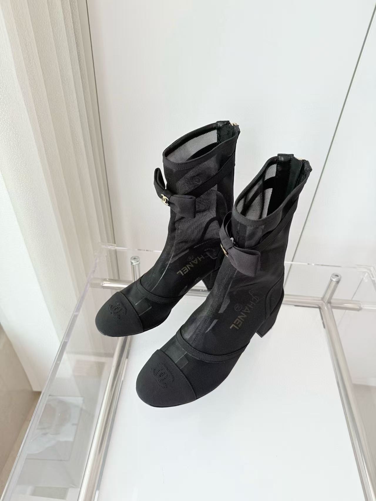 CHANE1 高品質メッシュボウローヒールブーツ【50％割引+送料無料】