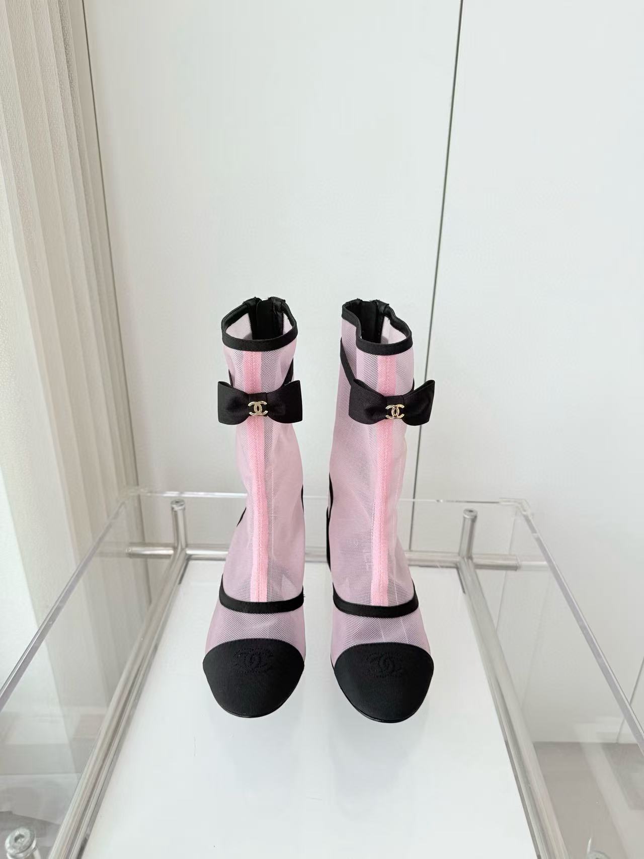 CHANE1 高品質メッシュボウローヒールブーツ【50％割引+送料無料】