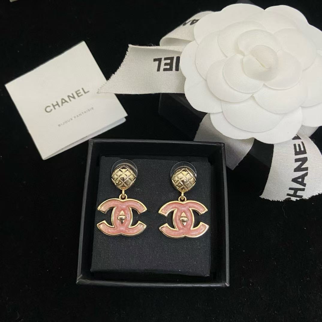 CHANE1 ピンクチェック柄ダブルCイヤリング【50％割引+送料無料】