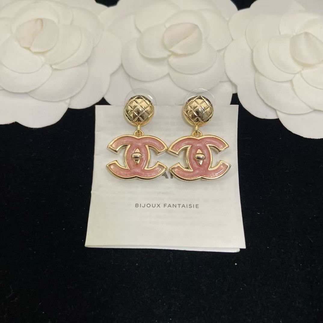 CHANE1 ピンクチェック柄ダブルCイヤリング【50％割引+送料無料】