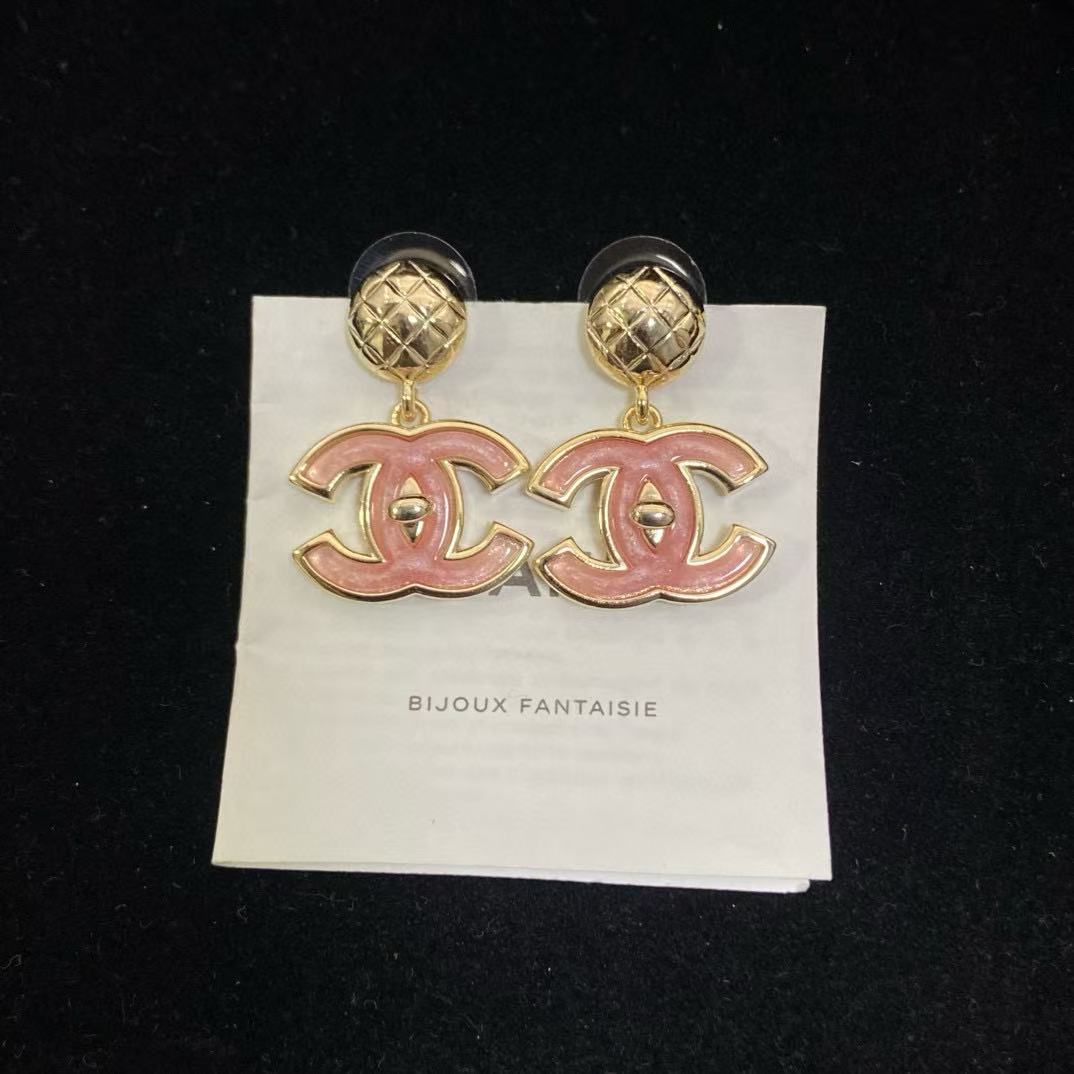CHANE1 ピンクチェック柄ダブルCイヤリング【50％割引+送料無料】