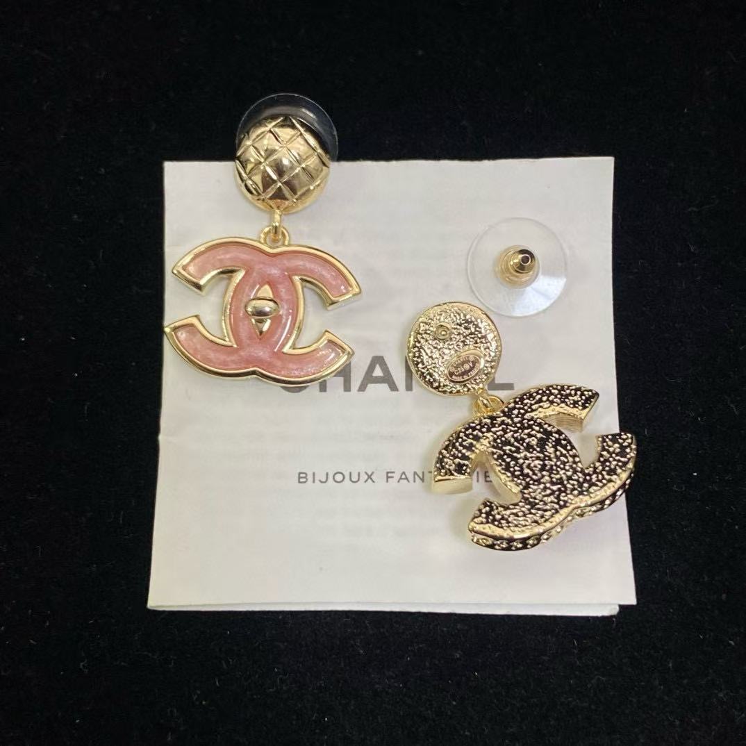 CHANE1 ピンクチェック柄ダブルCイヤリング【50％割引+送料無料】