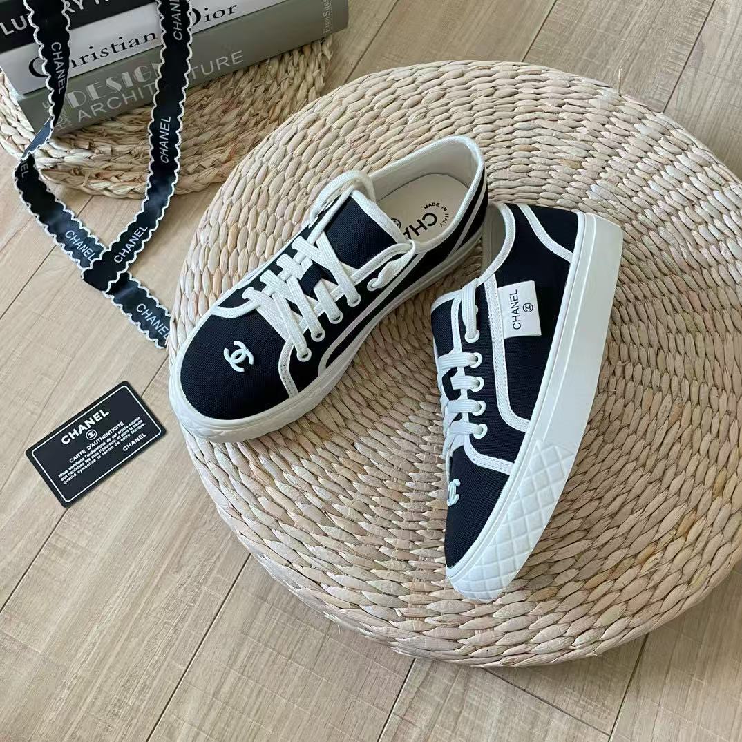 CHANE1 ダブルC レースアップ キャンバス カジュアルシューズ【50％割引+送料無料】