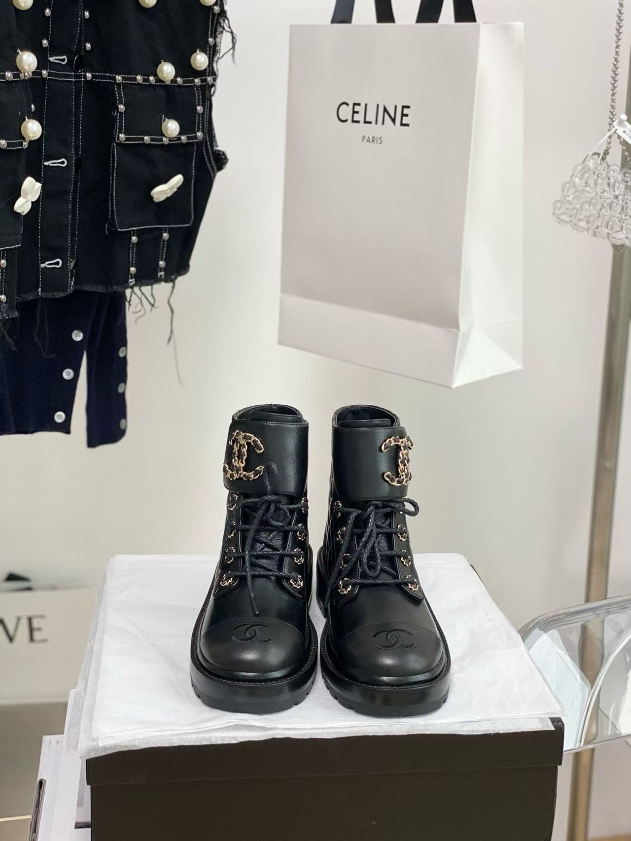 CHANE1 レースアップ ダブルC アンクルブーツ【50％割引+送料無料】