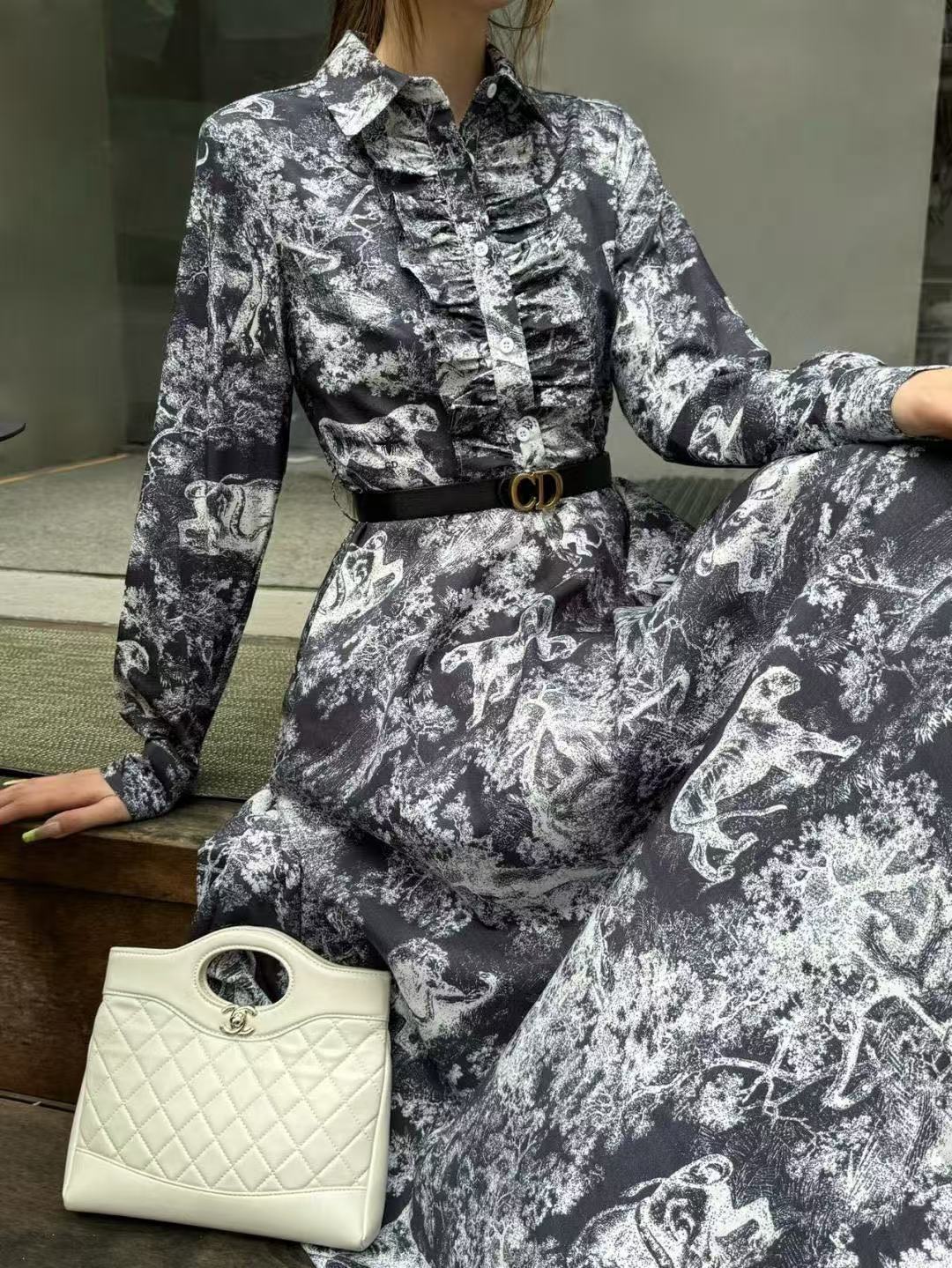 DI0R フリルプリントドレス【50％割引+送料無料】