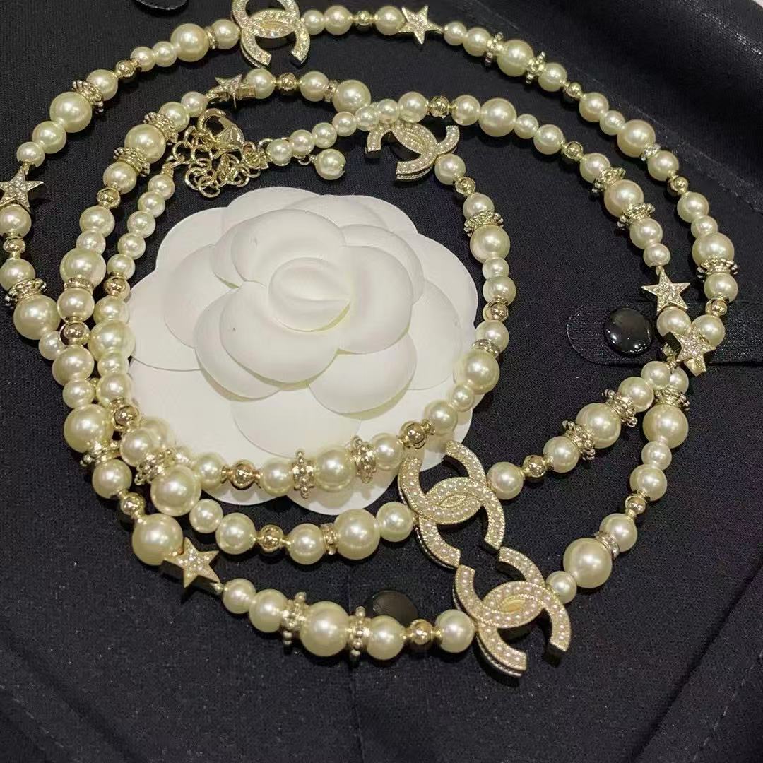 CHANE1 ダブルC フルダイヤモンドパールセーターネックレス【50％割引+送料無料】