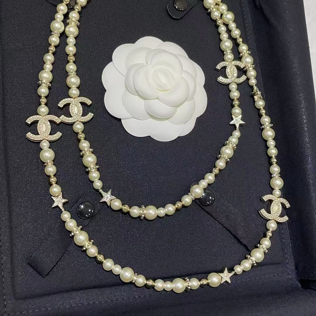 CHANE1 ダブルC フルダイヤモンドパールセーターネックレス【50％割引+送料無料】