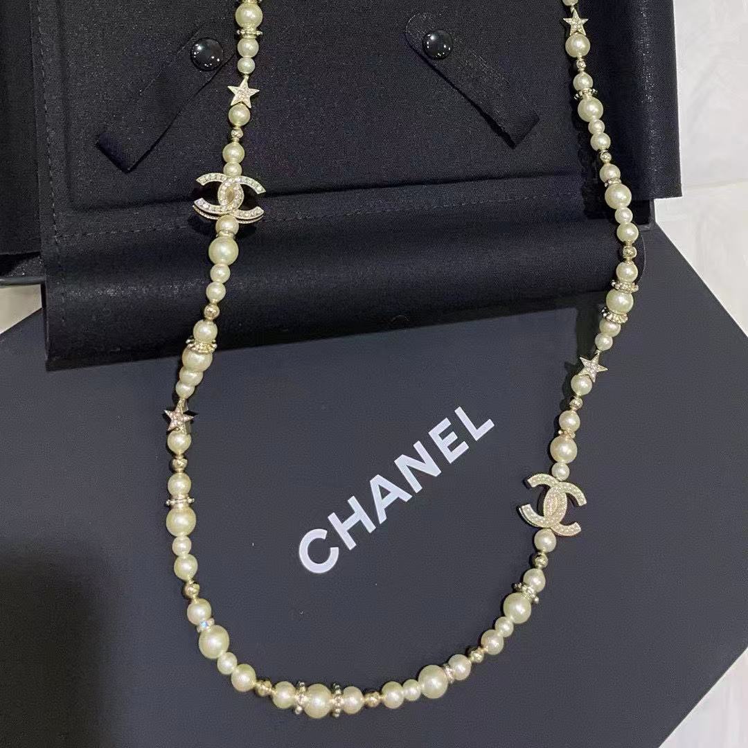 CHANE1 ダブルC フルダイヤモンドパールセーターネックレス【50％割引+送料無料】