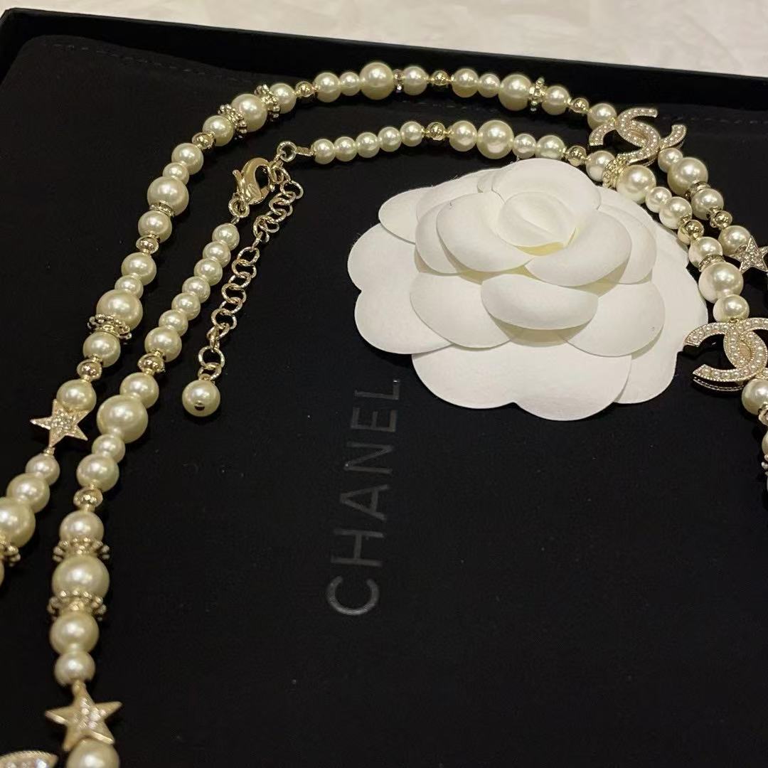 CHANE1 ダブルC フルダイヤモンドパールセーターネックレス【50％割引+送料無料】