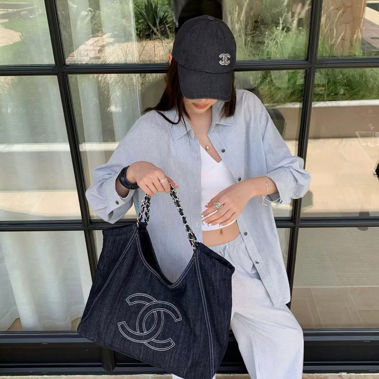CHANE1 ダブルCチェーンデニムショッピングバッグ【50％割引+送料無料】