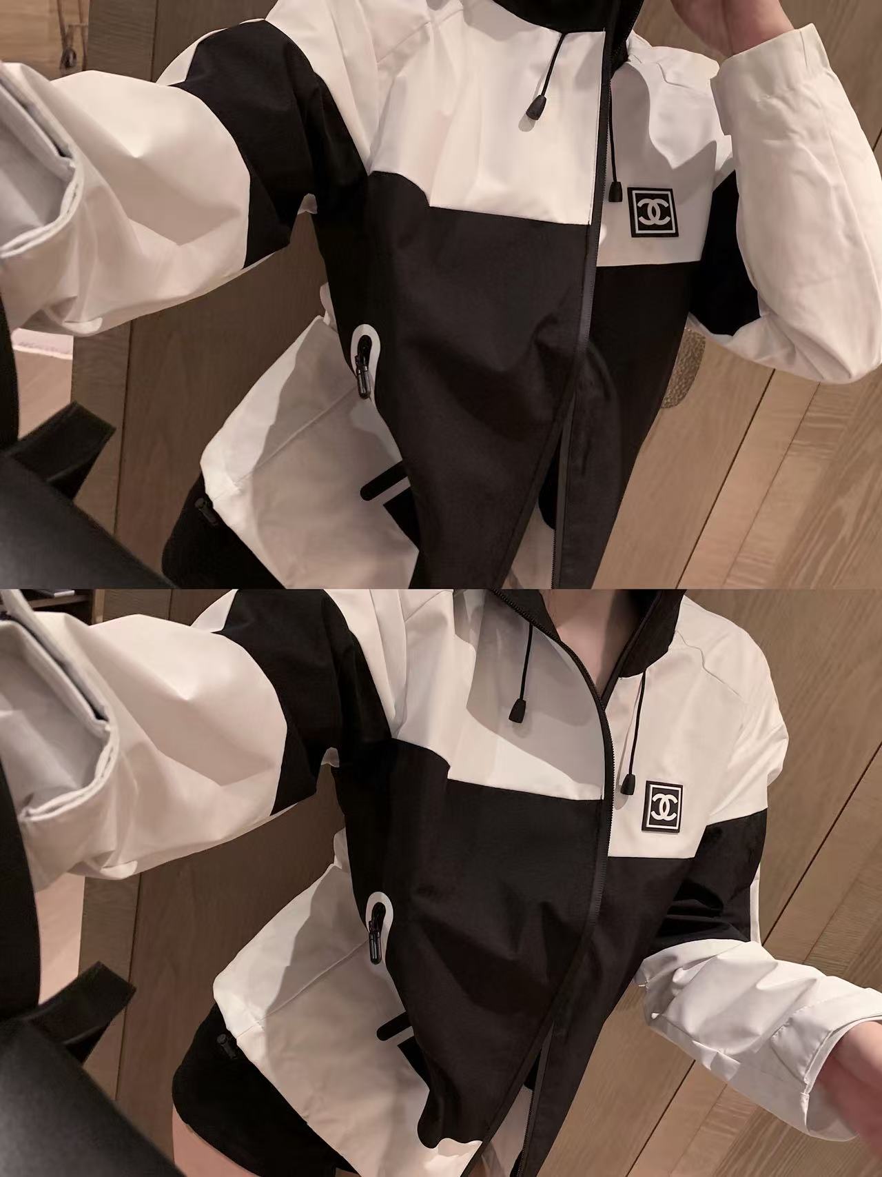 CHANE1 ブラック＆ホワイト フード付きジャケット【50％割引+送料無料】