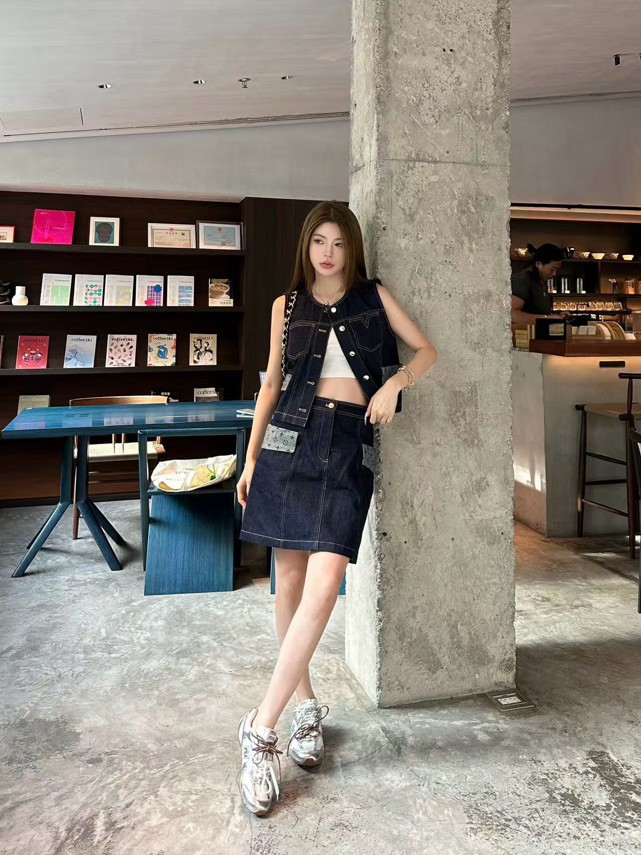 LVパッチワークデニムベスト+スカートツーピースセット【50％割引+送料無料】