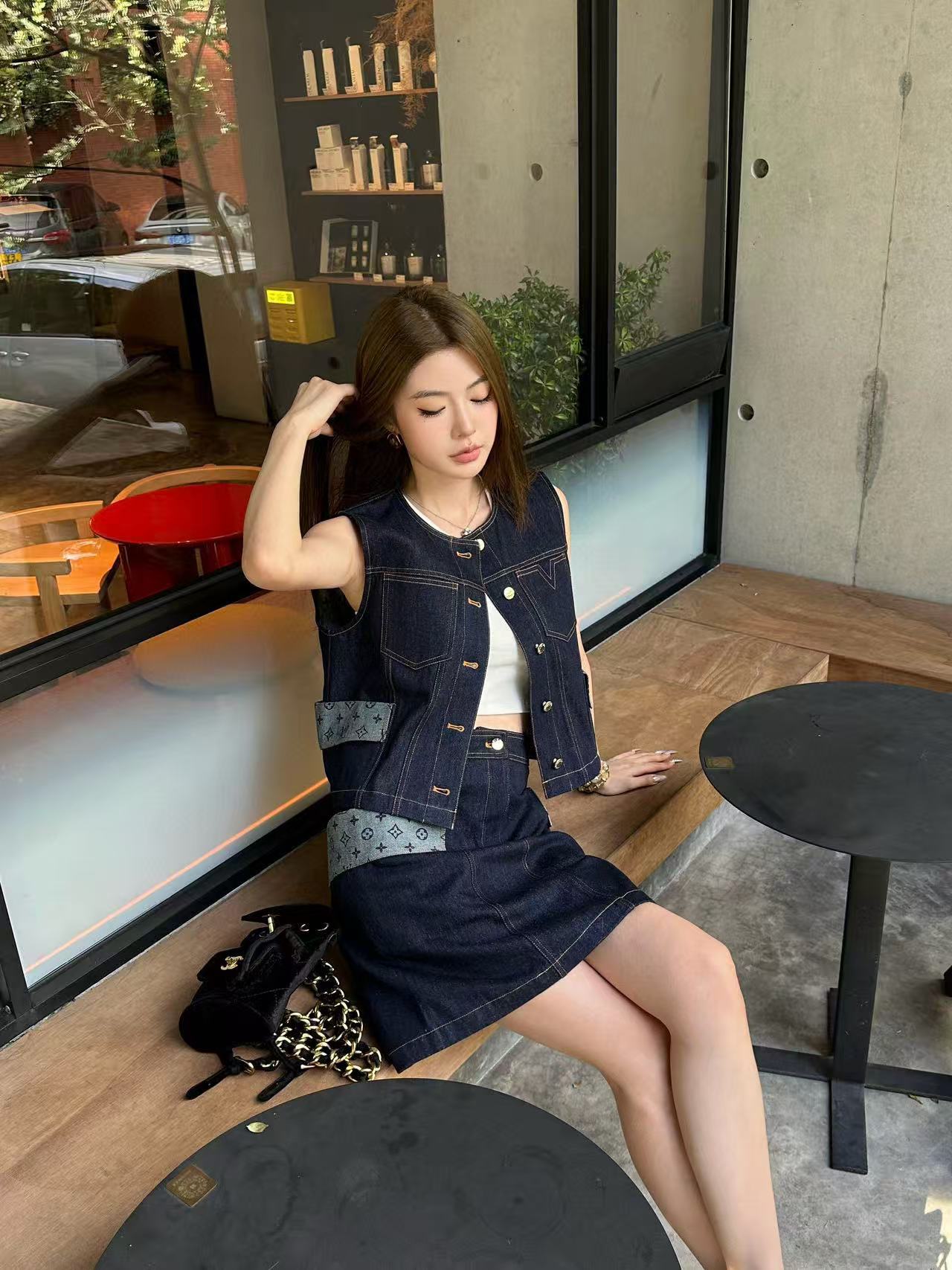 LVパッチワークデニムベスト+スカートツーピースセット【50％割引+送料無料】