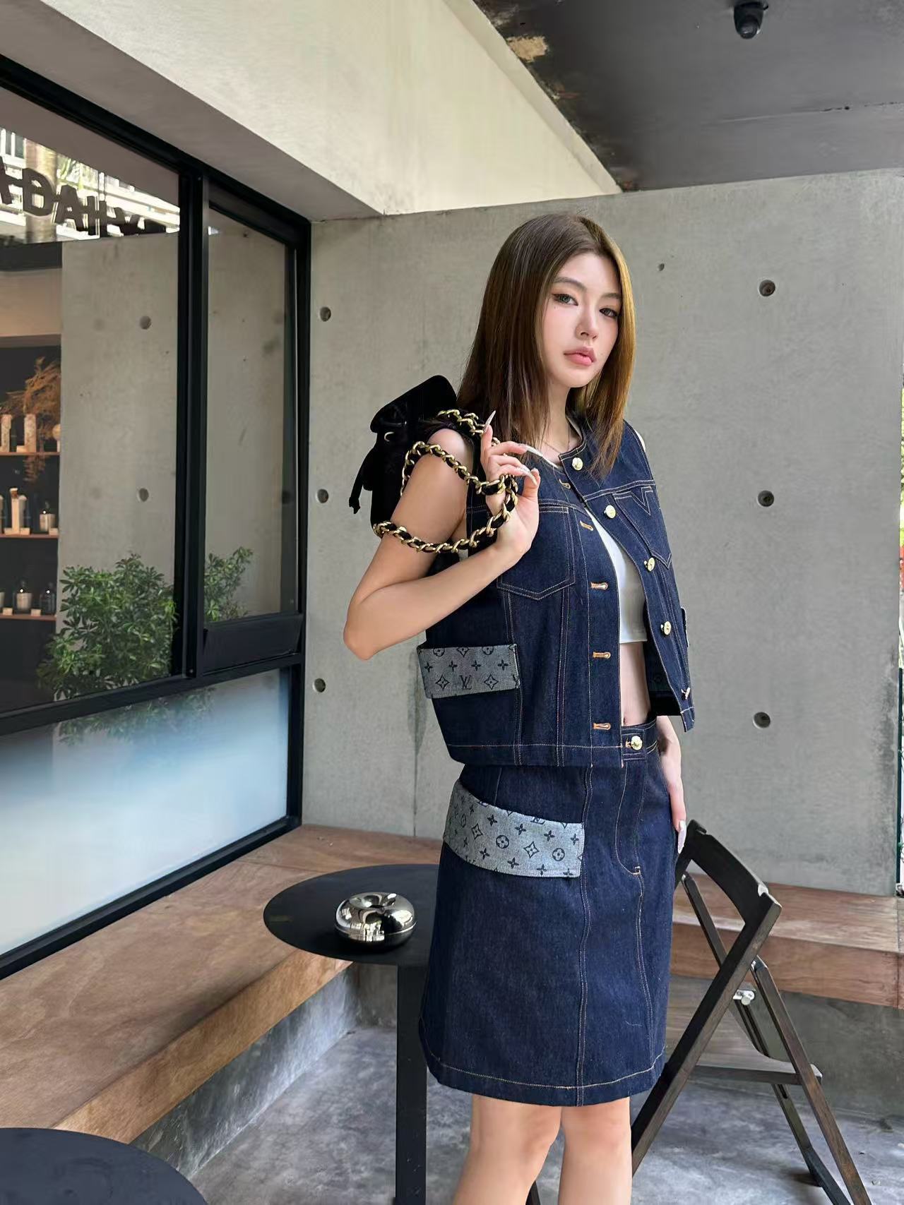 LVパッチワークデニムベスト+スカートツーピースセット【50％割引+送料無料】