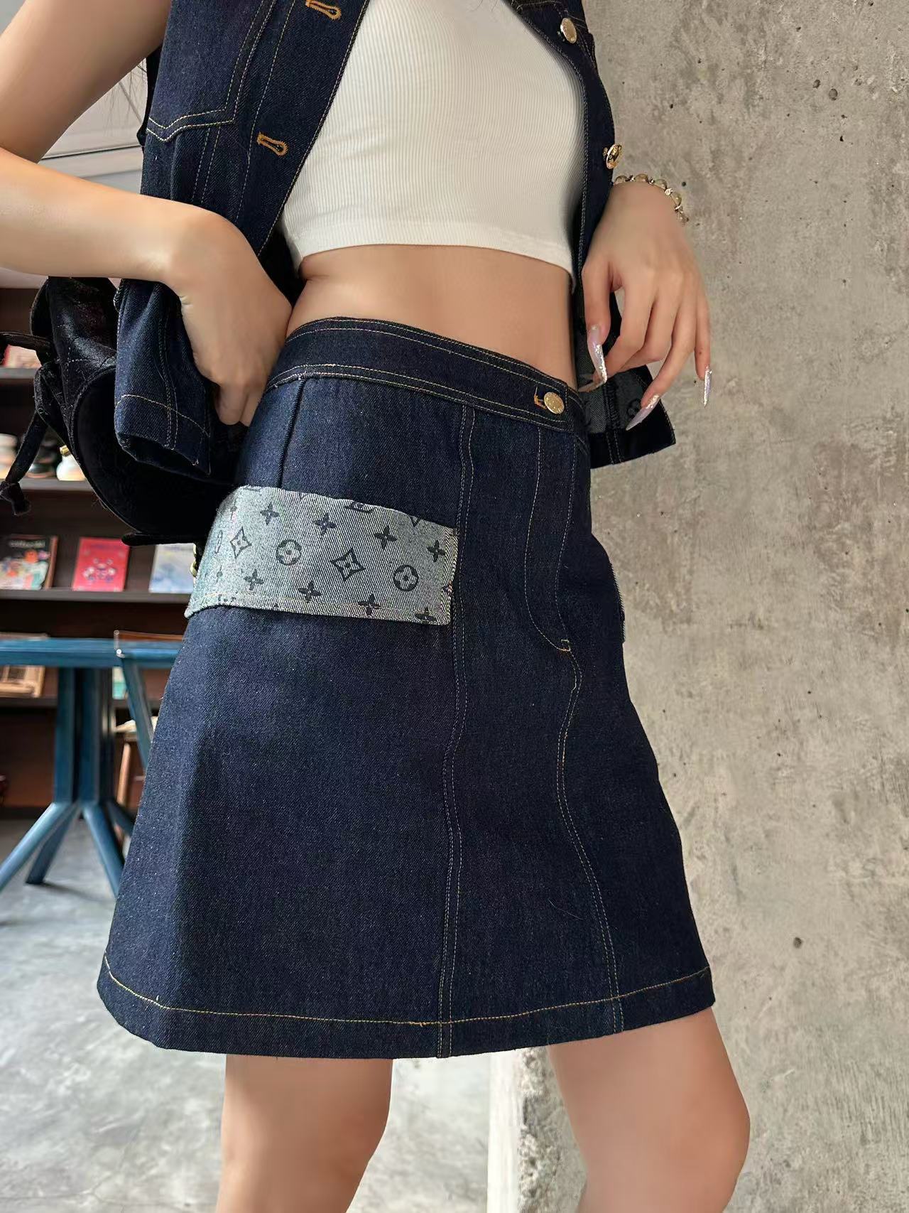 LVパッチワークデニムベスト+スカートツーピースセット【50％割引+送料無料】