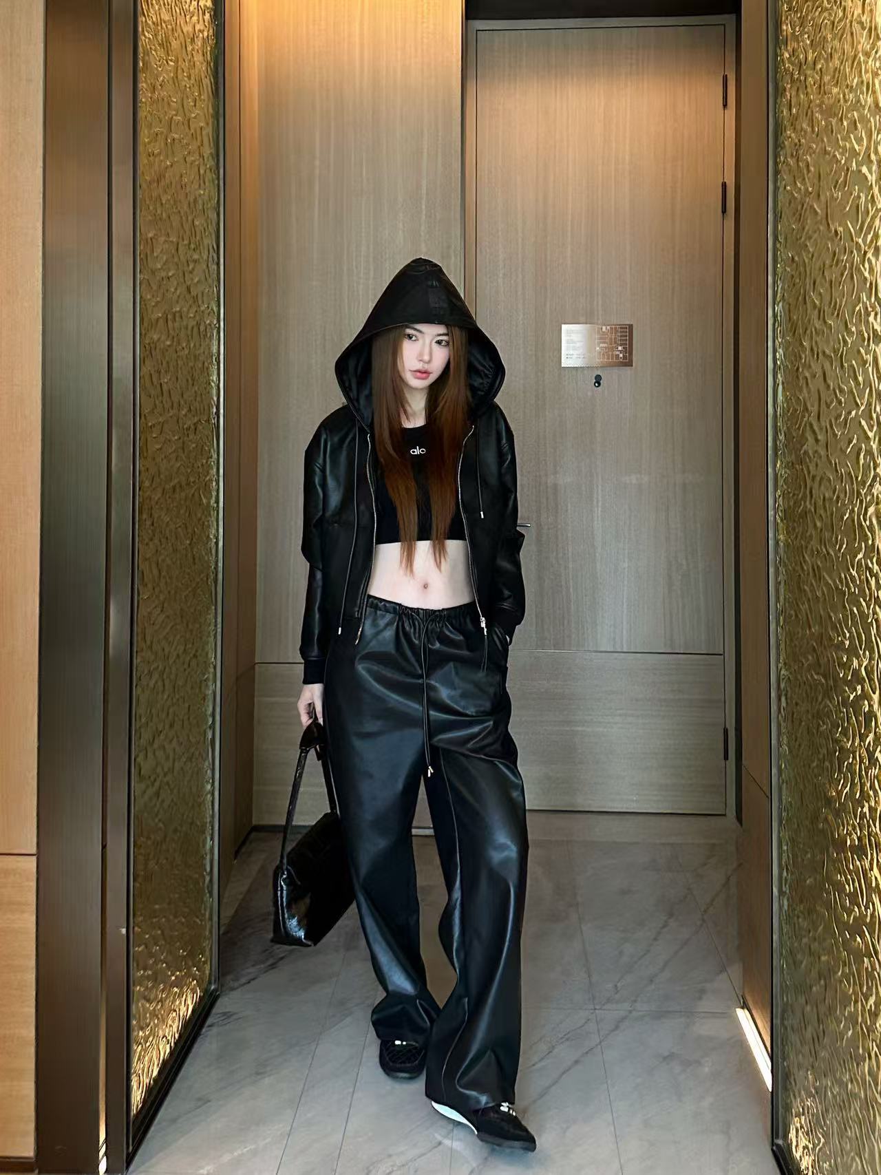 L0WEW フード付きレザージャケット + パンツ ツーピースセット【50％割引+送料無料】