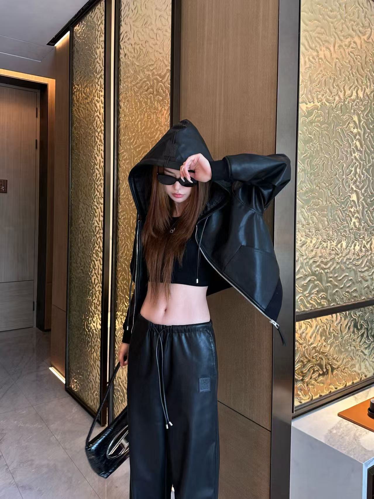 L0WEW フード付きレザージャケット + パンツ ツーピースセット【50％割引+送料無料】