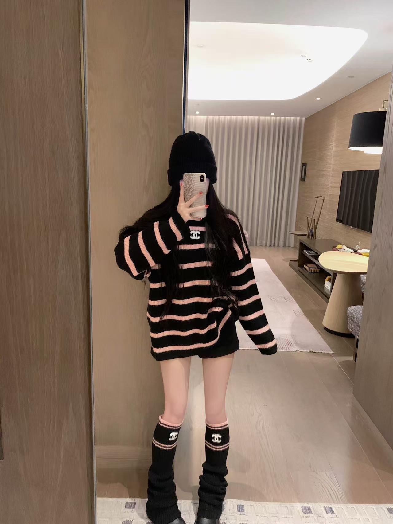 CHANE1 ストライプセーター＆ソックス ツーピースセット【50％割引+送料無料】