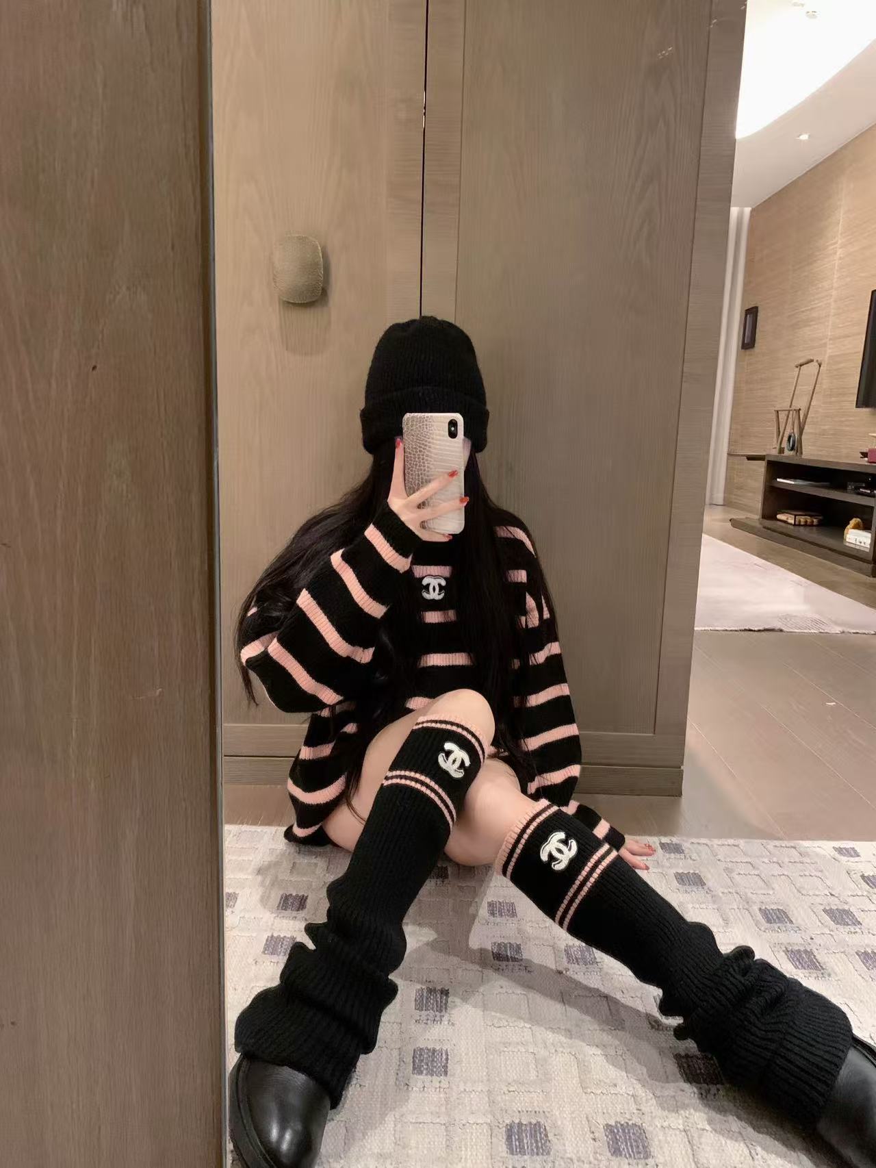 CHANE1 ストライプセーター＆ソックス ツーピースセット【50％割引+送料無料】