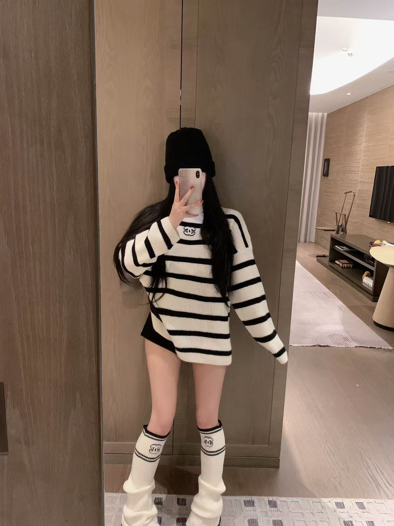 CHANE1 ストライプセーター＆ソックス ツーピースセット【50％割引+送料無料】