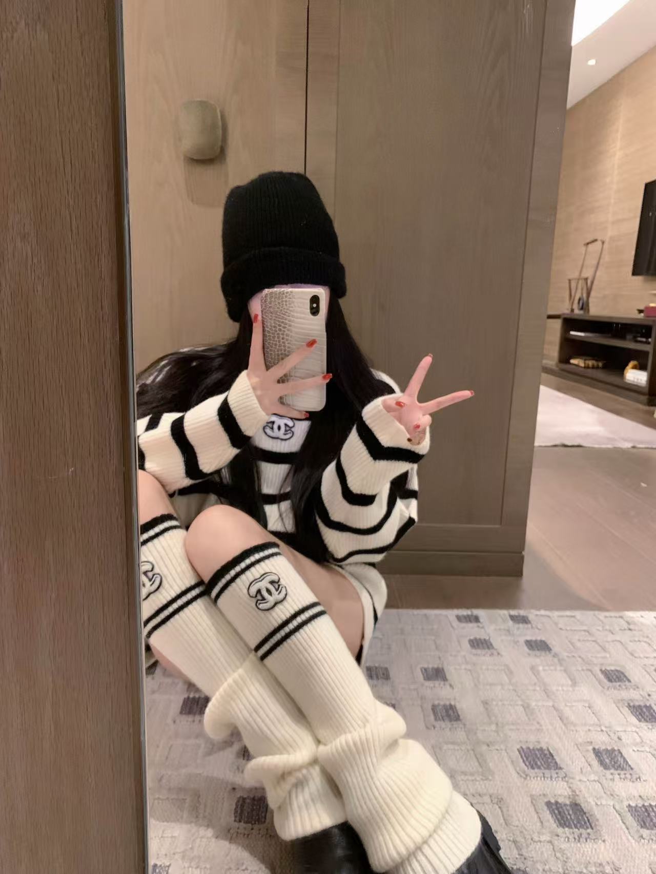 CHANE1 ストライプセーター＆ソックス ツーピースセット【50％割引+送料無料】